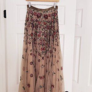 Mac Duggal Beige Floral Beaded Long Chiffon Skirt | SP (Small / Petite)